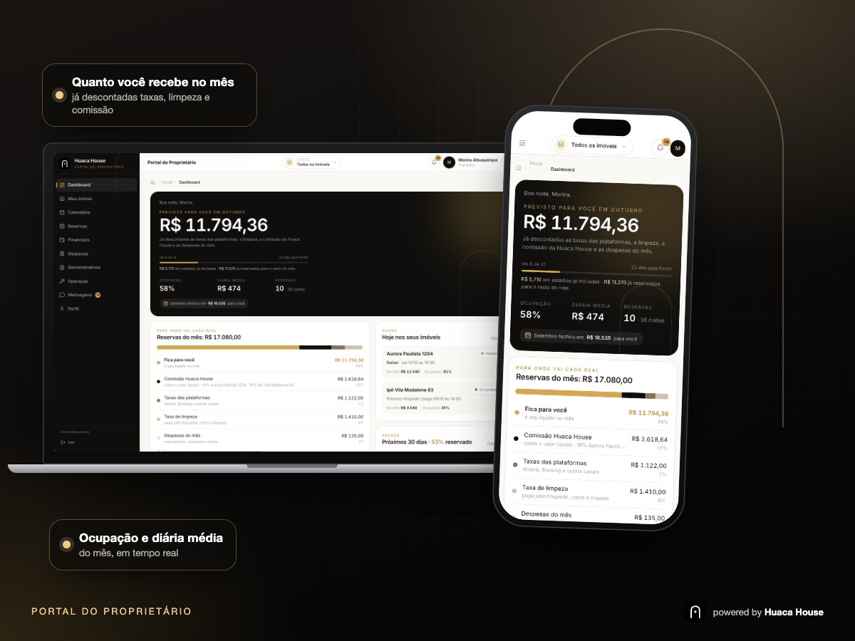 Tela inicial do portal em um celular, mostrando o valor previsto para o mês, a ocupação e a diária média