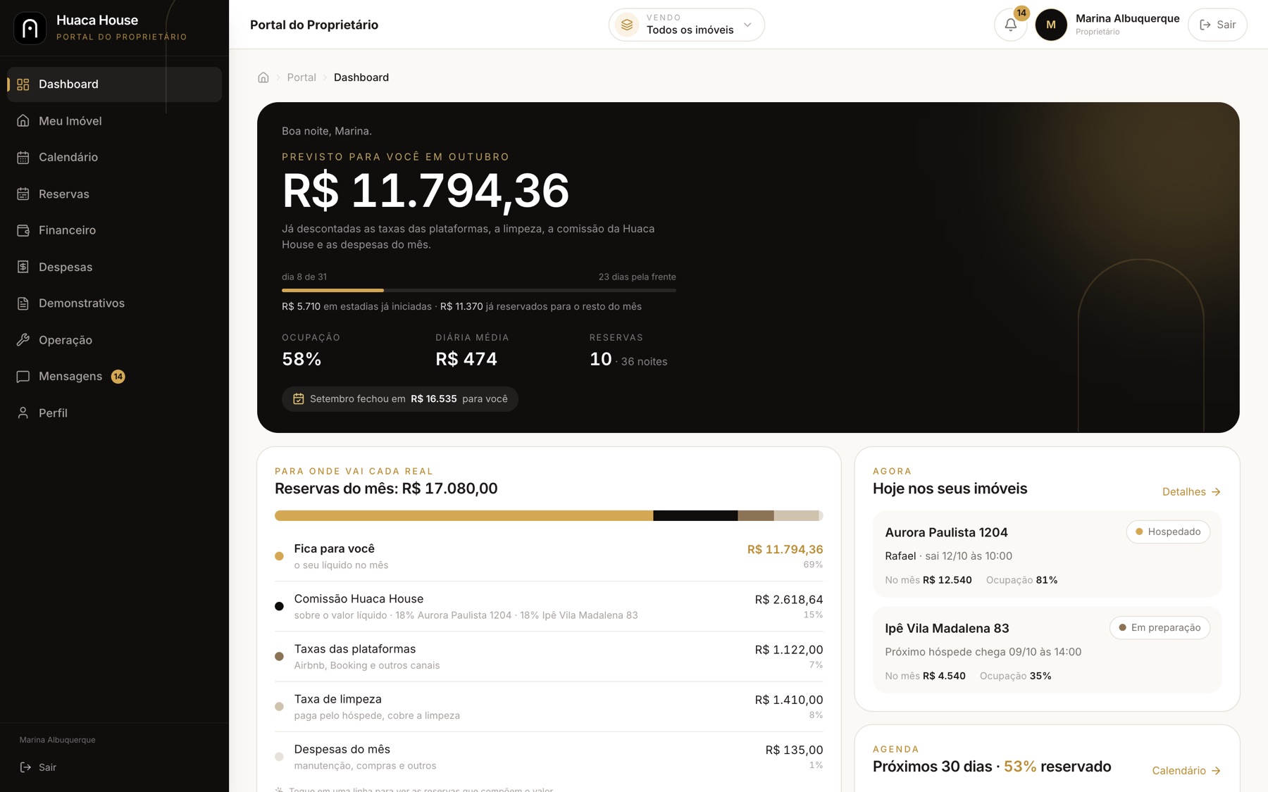 Portal do proprietário da Huaca House aberto em um MacBook, com o valor previsto para o mês