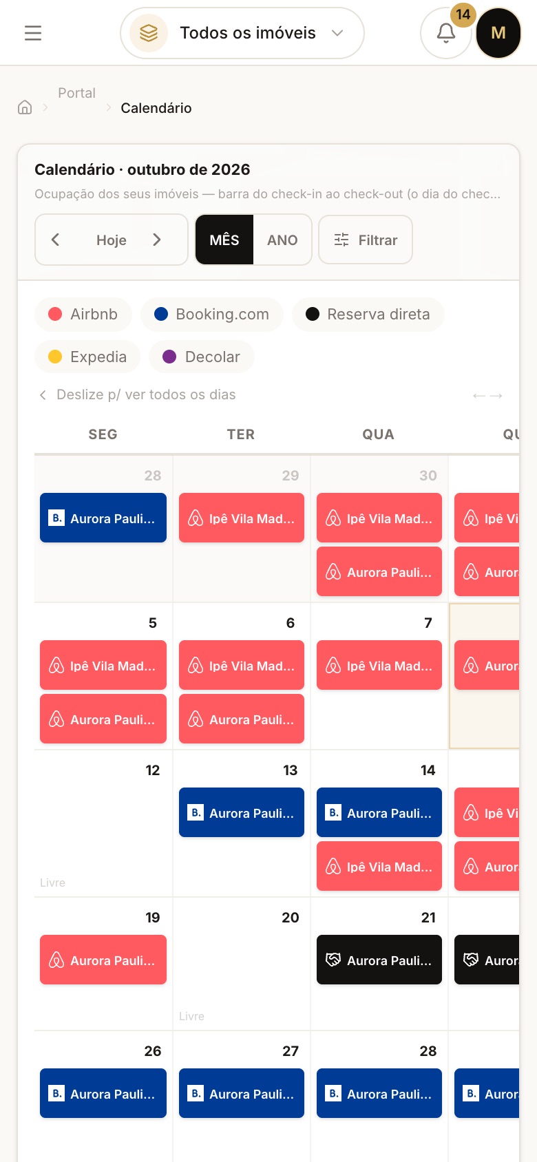 Calendário: tela do portal no celular