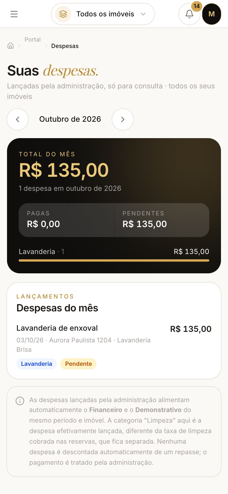 Despesas: tela do portal no celular