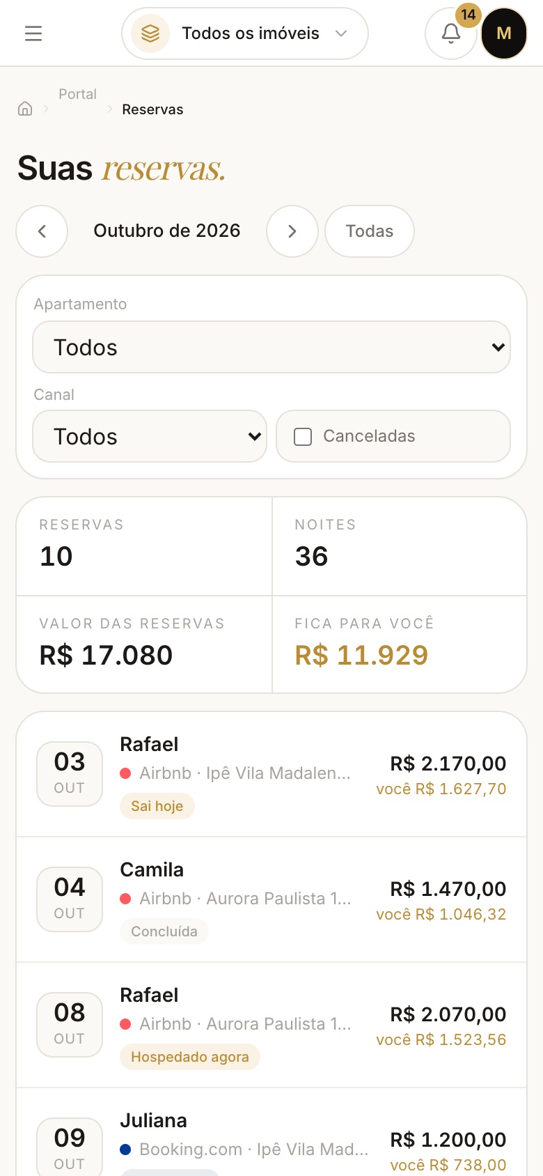 Reservas: tela do portal no celular